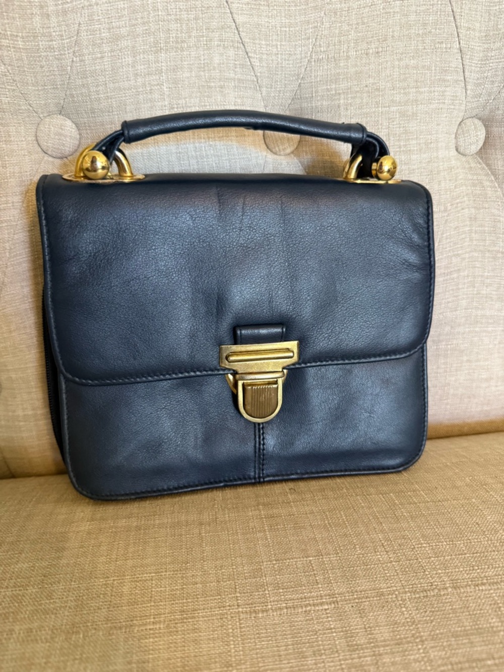 Vintage Sereta Navy Leather Satchel with Gold Hardware